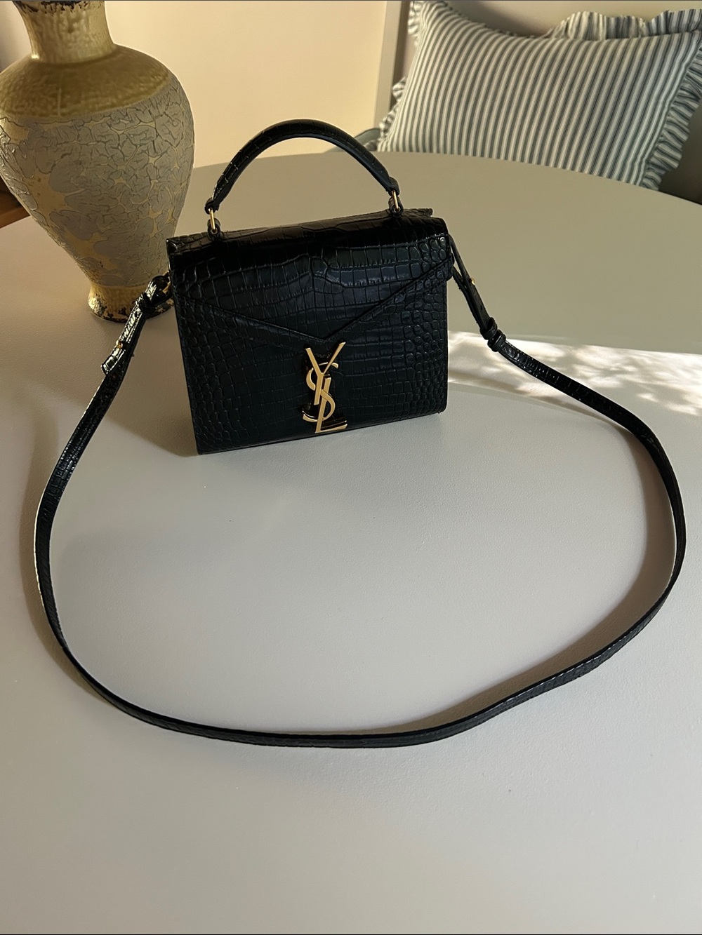 Saint Laurent Black Croc-Embossed Top Handle Satchel Mini Cassandra Purse - Picture 11 of 14